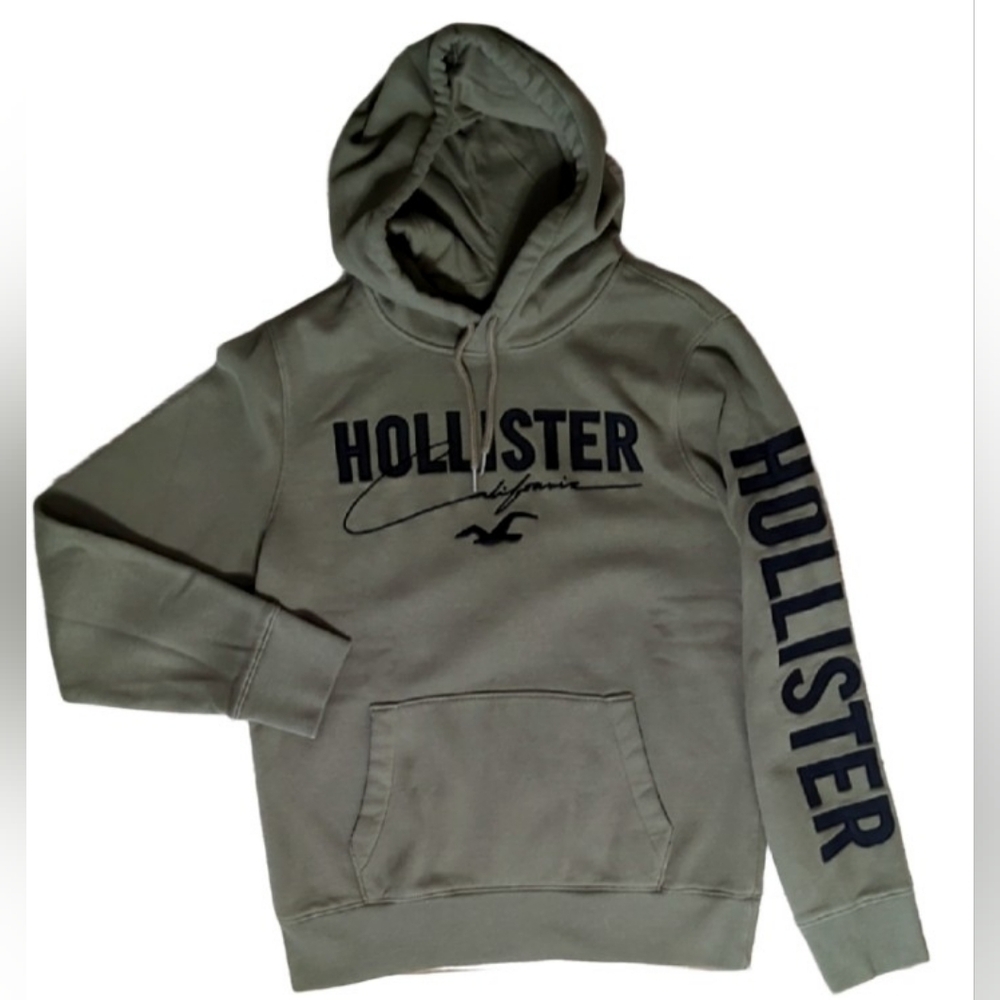 Hollister Must-Have Collection Army Green Black Spellout Sleeve Hoodie M